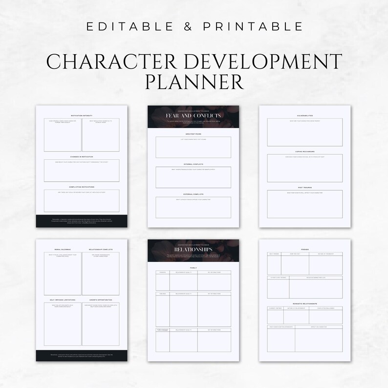 May include: Printable character development planner with sections for character backstory, fears and conflicts, relationships, and themes. The planner has a black and white design with a dark gray background.