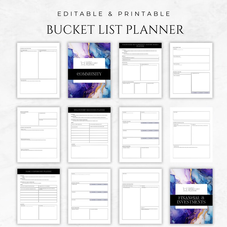 Pu&ograve; includere: Pianificatore di lista dei desideri stampabile con pagine per la comunit&agrave;, le relazioni, le finanze e gli investimenti. Le pagine hanno uno sfondo ad acquerello con accenti di viola, blu e oro.