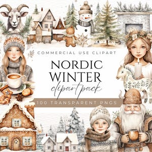 Clipart invernale nordico Clipart di Natale scandinavo Clipart di Natale rustico Clipart acquerello Hygge Arte natalizia Arte popolare nordica Bosco invernale