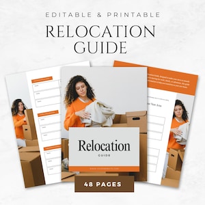Puede incluir: Una guía de reubicación imprimible de 48 páginas. La guía presenta a una mujer empacando cajas y una página de título que dice "Relocation Guide" con el texto "www.yourwebsite.com" y "48 Pages".