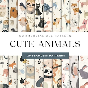May include: A set of 20 seamless patterns featuring cute animal illustrations. The patterns include a variety of animals, such as owls, foxes, deer, and penguins, in a whimsical style. The patterns are perfect for use in a variety of creative projects, such as scrapbooking, card making, and fabric design.