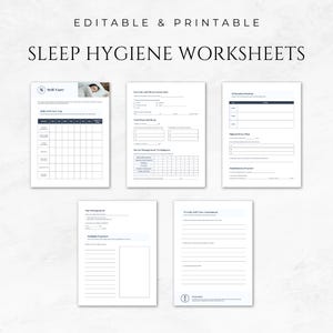 May include: A set of printable worksheets designed to help improve sleep hygiene. The worksheets cover topics such as self-care, exercise and sleep connection, nutrition and sleep, stress management techniques, relaxation routine, digital detox plan, mindfulness practice, sleep management, and weekly self-care assessment.