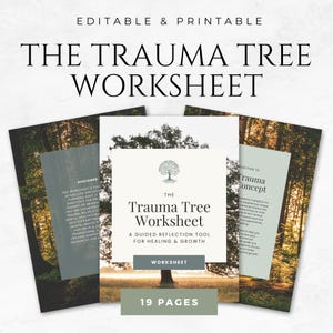 Puede incluir: Un conjunto de hojas de trabajo imprimibles tituladas "The Trauma Tree Worksheet" con un logotipo de árbol. La portada dice "Una herramienta de reflexión guiada para la curación y el crecimiento". El fondo presenta una escena de bosque. El texto "19 páginas" es visible.