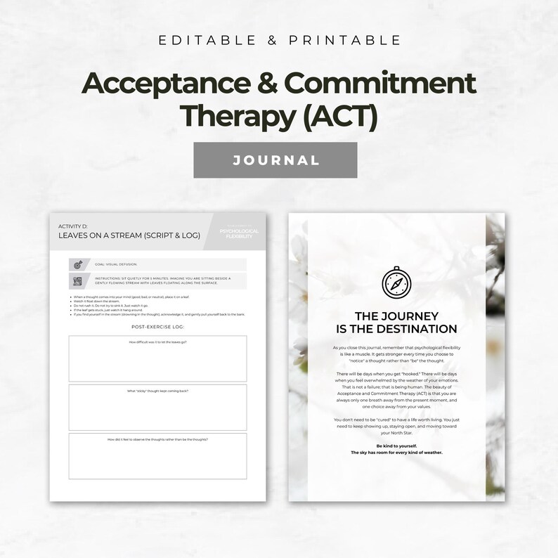 May include: An editable and printable journal for Acceptance & Commitment Therapy (ACT). The journal includes pages with prompts for self-reflection and exercises. The cover features the text "The Journey is the Destination".