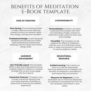 May include: A graphic with a white background and blue text outlining the benefits of using a meditation e-book template. The benefits are categorized into ease of creation, customizability, audience engagement, and educational resource.