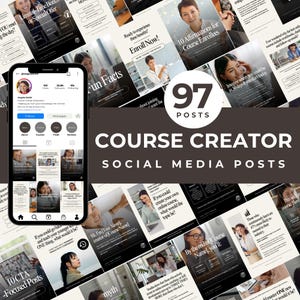 以下が含まれることがあります： コース作成者のソーシャルメディア投稿のコレクション。スマートフォンとさまざまなプロモーショングラフィックに表示されます。投稿には画像、テキスト、円の中の数字「97」が含まれています。「Course Creator」と「Social Media Posts」というテキストが含まれています。