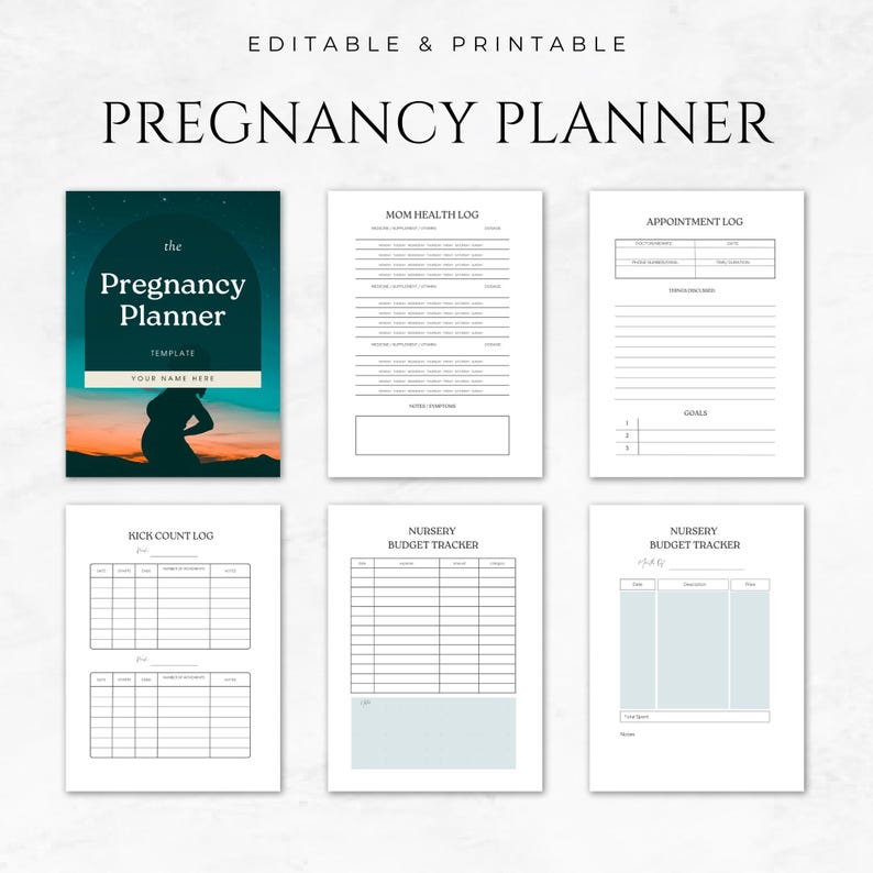 May include: Printable pregnancy planner template with a cover featuring a silhouette of a pregnant person against a sunset background. The planner includes sections for tracking appointments, kick counts, mom's health, and nursery budget.