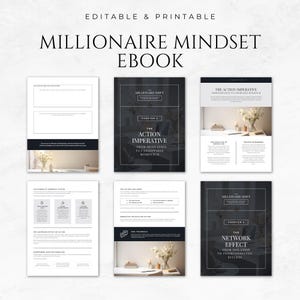 May include: A black and white ebook cover with the title "Millionaire Mindset Ebook". The cover features a chapter titled "The Action Imperative" and a chapter titled "The Network Effect".