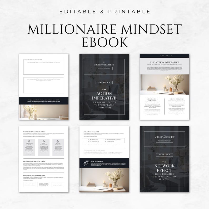 May include: A black and white ebook cover with the title "Millionaire Mindset Ebook". The cover features a chapter titled "The Action Imperative" and a chapter titled "The Network Effect".