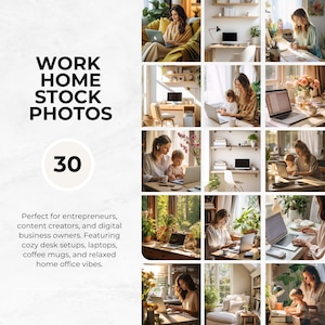 May include: A collage of 12 images showcasing home office setups. The images feature laptops, cozy desk setups, and relaxed home office vibes. Text on the left reads "WORK HOME STOCK PHOTOS" and "30". The images are perfect for entrepreneurs and content creators.