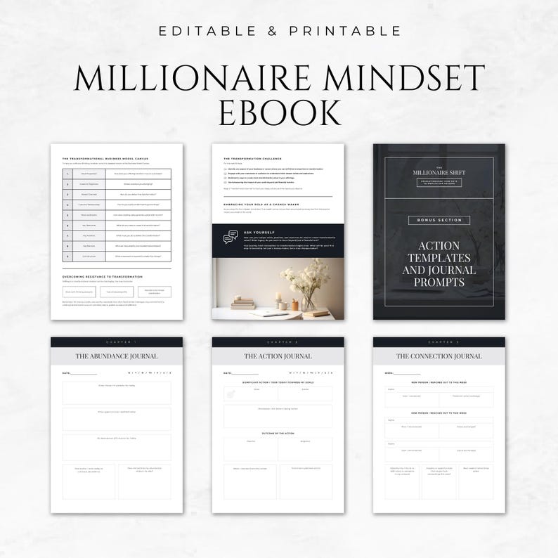 May include: A black and white printable ebook titled "Millionaire Mindset Ebook" with a bonus section titled "Millionaire Shift" and "Action Templates and Journal Prompts". The ebook includes chapters titled "The Abundance Journal", "The Action Journal", and "The Connection Journal".