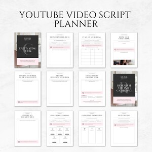 May include: A white YouTube video script planner with pink detailing. The planner includes pages for brainstorming, evaluating hooks, and gathering information. The title "YOUTUBE VIDEO SCRIPT PLANNER" is at the top.