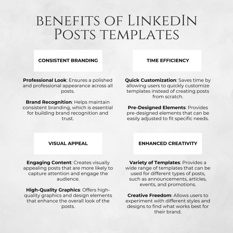 May include: A graphic with the text "Benefits of LinkedIn Posts Templates" in a white font on a gray background. The graphic is divided into two columns, each with a title and a list of benefits. The left column is titled "Consistent Branding" and lists the benefits "Professional Look" and "Brand Recognition". The right column is titled "Time Efficiency" and lists the benefits "Quick Customization" and "Pre-Designed Elements". The graphic continues with two more columns titled "Visual Appeal" and "Enhanced Creativity" with the benefits "Engaging Content", "High-Quality Graphics", "Variety of Templates", and "Creative Freedom".