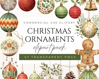 May include: A collection of watercolor Christmas ornaments in various designs, including snowflakes, berries, and geometric patterns. The image includes text that reads "CHRISTMAS ORNAMENTS clipart pack" and "47 TRANSPARENT PNGS".