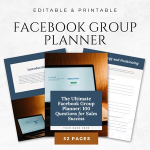 Op de afbeelding: Een blauwe en bruine printbare planner met de tekst "The Ultimate Facebook Group Planner: 100 Questions for Sales Success" en "32 Pages".