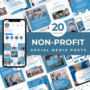 Może przedstawiać: Kolaż 20 postów w mediach społecznościowych dla organizacji non-profit. Posty zawierają zdjęcia wolontariuszy, wydarzeń zbierających fundusze oraz wiadomości o misji i wpływie organizacji. Tekst "20 POSTÓW" znajduje się w środku obrazu.