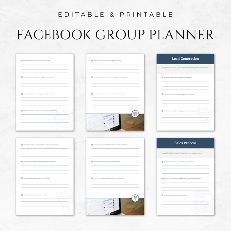 Op de afbeelding: Een printbare Facebook-groepsplanner met secties voor leadgeneratie en het verkoopproces. De planner heeft een blauw en wit kleurenschema en toont een computerscherm met een social media-feed.