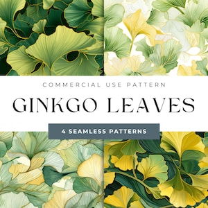 May include: Four seamless patterns featuring green and yellow ginkgo leaves. The patterns are ideal for adding a touch of nature to any design project.