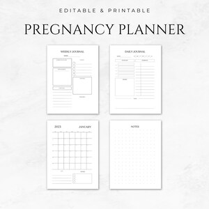 May include: Printable pregnancy planner with sections for weekly and daily journaling, a calendar for 2023, and a notes page with a dotted grid.