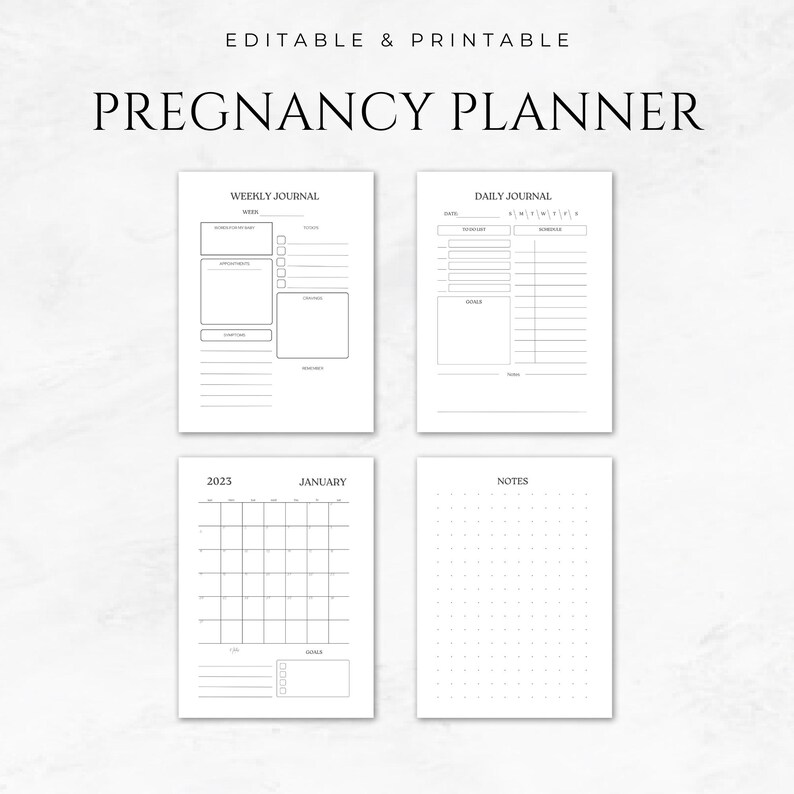 May include: Printable pregnancy planner with sections for weekly and daily journaling, a calendar for 2023, and a notes page with a dotted grid.