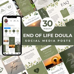 Könnte beinhalten: Ein Smartphone zeigt das Instagram-Profil von Gentle Endings, einem End-of-Life-Doula-Service. Das Bild zeigt 30 Social-Media-Posts mit Text und Grafiken zu Themen wie FAQs, persönlichen Geschichten und Doula-Diensten.