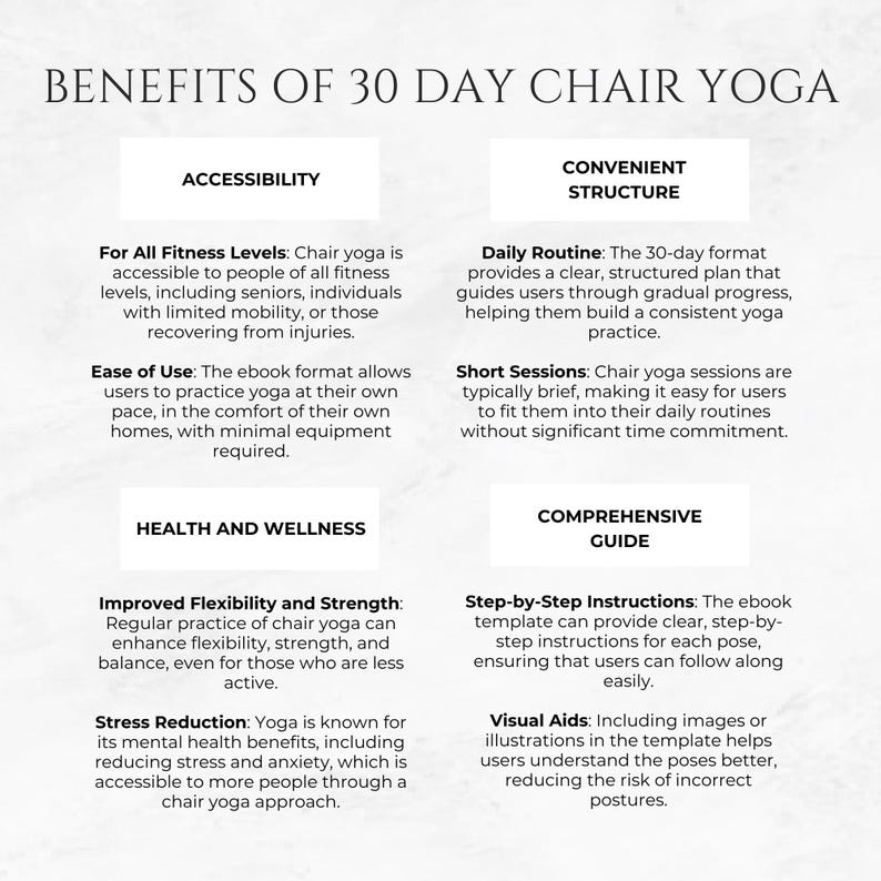 May include: A white infographic with the title "Benefits of 30 Day Chair Yoga" and lists the benefits of chair yoga in two columns: Accessibility and Convenient Structure, Health and Wellness, and Comprehensive Guide.