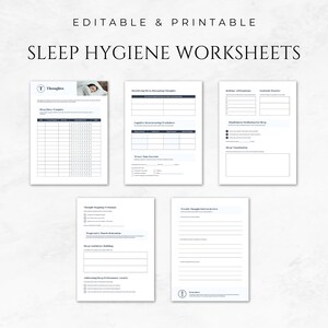 May include: Five printable worksheets designed to help improve sleep hygiene. The worksheets include sections for identifying sleep-disrupting thoughts, cognitive restructuring, worry time exercises, sleep affirmations, guided practices, mindfulness meditation for sleep, and sleep visualisation.