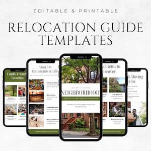May include: A digital product mockup showing five smartphones with relocation guide templates. The screens display categories such as restaurants, family favourites, and a moving checklist. The text "Relocation Guide Templates" is at the top.
