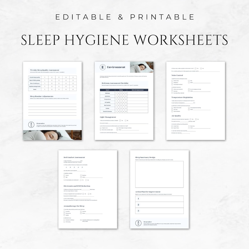 May include: Four printable worksheets designed to help improve sleep hygiene. The worksheets cover topics such as environment, sleep schedule, bed comfort, and sleep inventory design. Each worksheet includes a checklist and space for notes.