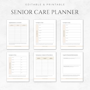May include: Printable senior care planner with sections for appointments and activities, caregiver notes, emergency contacts and procedures, and legal and financial information.
