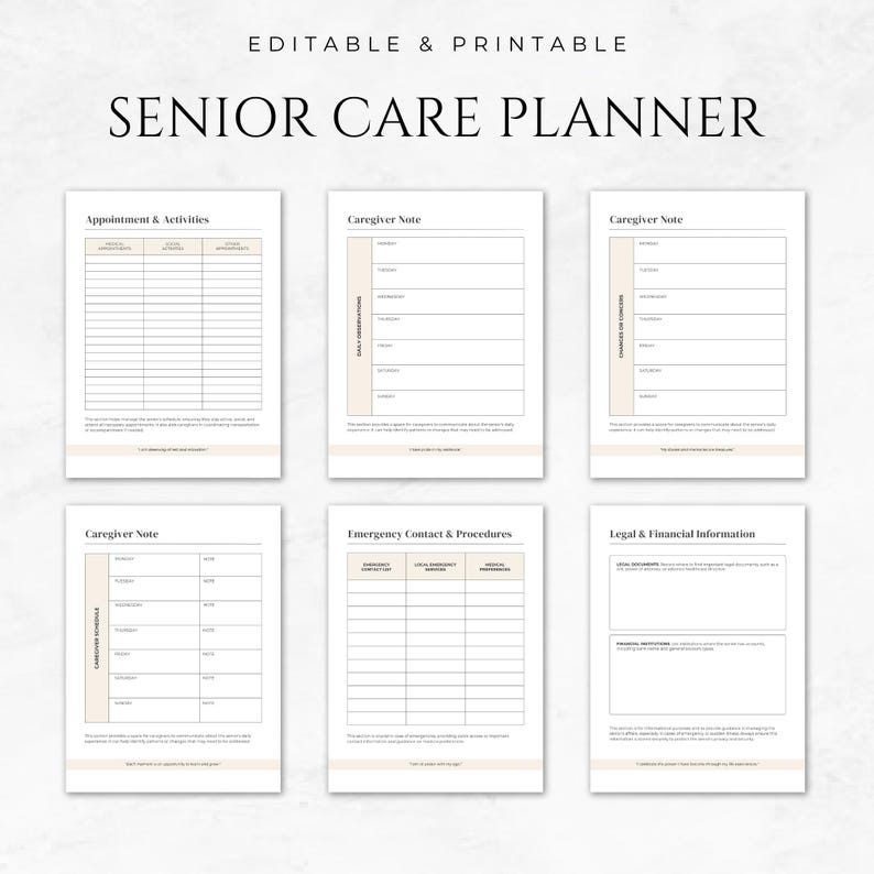 May include: Printable senior care planner with sections for appointments and activities, caregiver notes, emergency contacts and procedures, and legal and financial information.