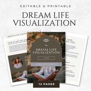 Puede incluir: Un diario imprimible marrón y blanco con el título "Dream Life Visualization Journal" y el texto "Un diario para personas que quieren manifestar su vida de ensueño". La portada del diario presenta un ojo estilizado con un botón de reproducción en su interior, y una mujer meditando en un entorno de bosque.