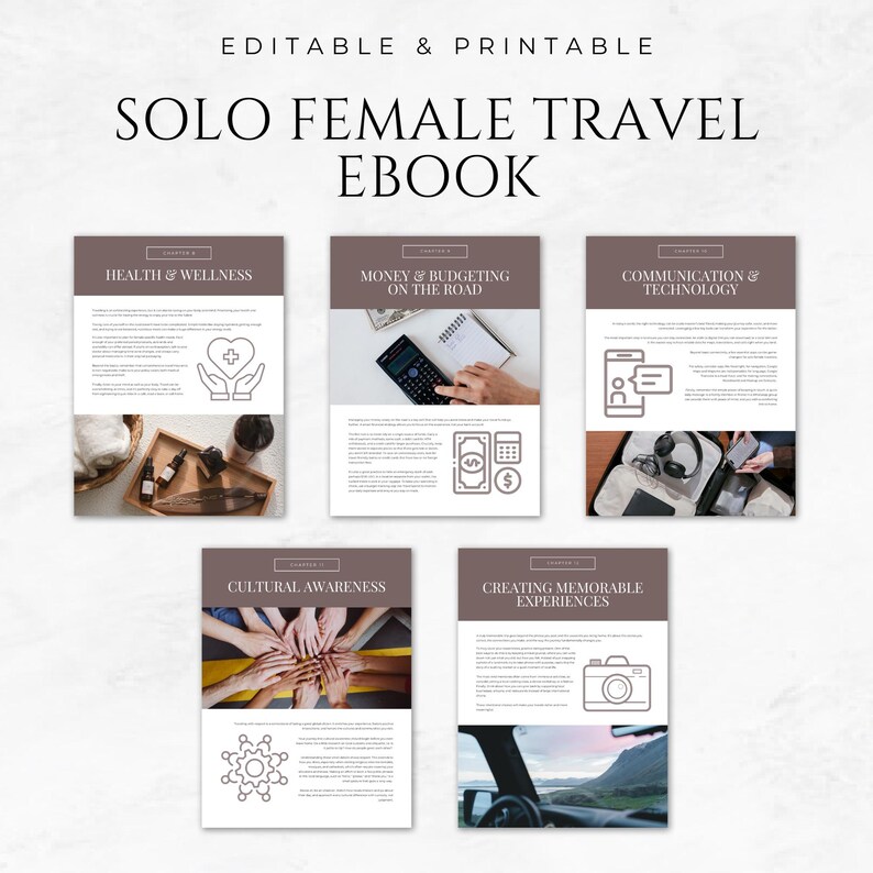 May include: An ebook cover with the title "SOLO FEMALE TRAVEL EBOOK" in a bold font. The cover features five panels with topics: Health & Wellness, Money & Budgeting on the Road, Communication & Technology, Cultural Awareness, and Creating Memorable Experiences.