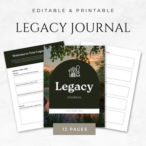 Pode incluir: Um diário de legado imprimível com uma capa verde e branca que apresenta um ícone de casa com um sinal de dólar e um carimbo. A capa também inclui o texto "Legacy Journal" e "Your Name Here". O diário tem 12 páginas.