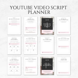 May include: A white YouTube video script planner with pink accents. The planner includes pages for organising research, identifying gaps, integrating visuals, brainstorming elements, planning footage, and creating storyboards. The text "YOUTUBE VIDEO SCRIPT PLANNER" is at the top.