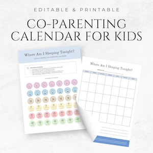 Könnte beinhalten: Zwei druckbare Co-Parenting-Kalender für Kinder. Ein Kalender zeigt ein Kalenderraster, der andere enthält Anweisungen und farbenfrohe Aufkleber. Der Text "Where Am I Sleeping Tonight?" wird auf beiden angezeigt.