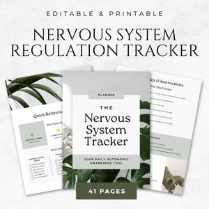 Op de afbeelding: Een afdrukbare planner getiteld "The Nervous System Tracker" met de tekst "Editable & Printable" bovenaan. De planner bevat pagina's met tekst en afbeeldingen, waaronder een pagina "Quick Reference" en "Key & Instructions". De planner is 41 pagina's.