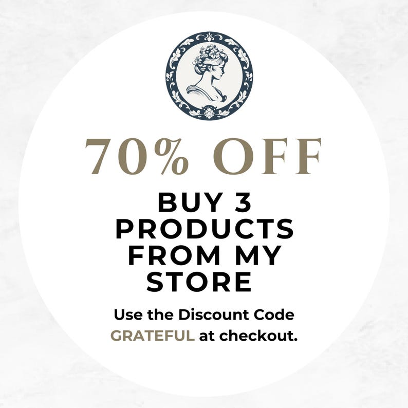 May include: A white circle with a blue and white floral design in the top center. The text "70% OFF" is in brown text. Below the text is "BUY 3 PRODUCTS FROM MY STORE" in black text. Below that is "Use the Discount Code GRATEFUL at checkout." in black text.