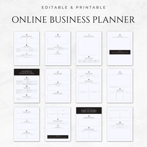 May include: A black and white printable online business planner with sections for business overview, investment and financial planning, sales and marketing, operations and team, and legal and risk management.