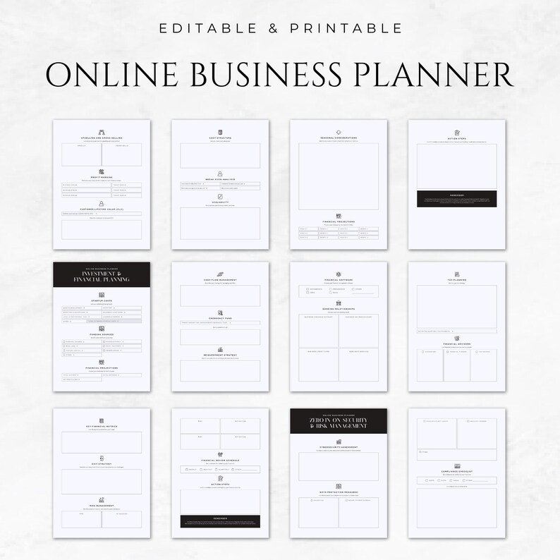 May include: A black and white printable online business planner with sections for business overview, investment and financial planning, sales and marketing, operations and team, and legal and risk management.