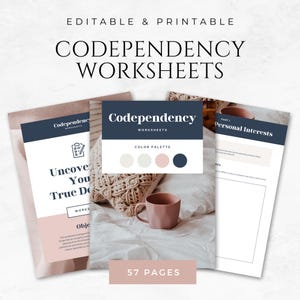 May include: A set of 57 printable codependency worksheets with a color palette of white, pink, and blue. The worksheets are designed to help people understand and manage codependent behaviors. The image shows a close-up of a worksheet with the title "Personal Interests" and a section for writing about personal interests.