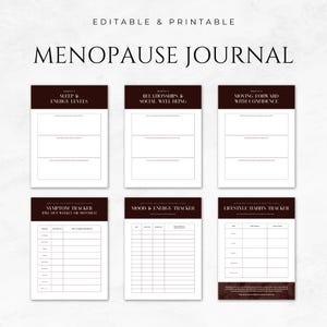 May include: Printable menopause journal with sections for tracking sleep and energy levels, relationships and social well-being, moving forward with confidence, symptoms, mood and energy, and lifestyle habits.