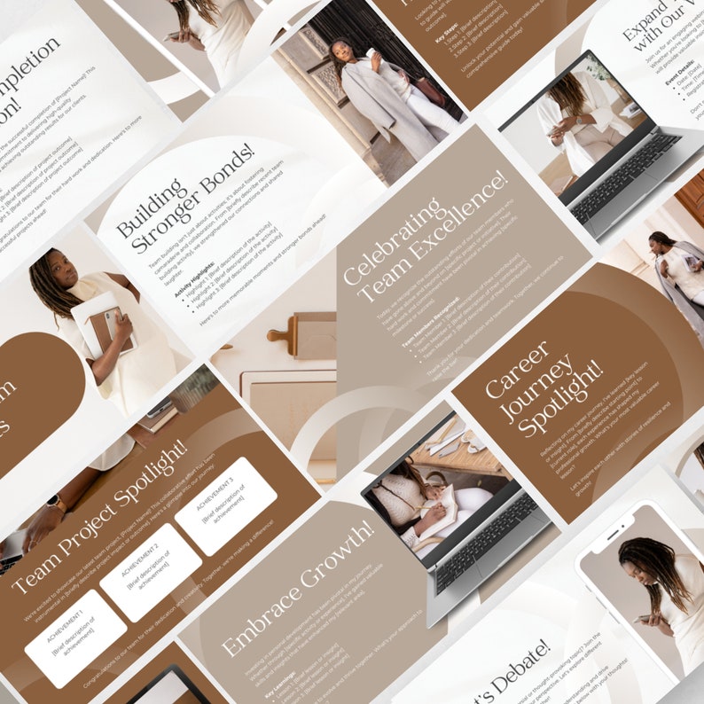 May include: A presentation slide deck with a brown and beige color scheme. The slides feature images of people and text about building stronger bonds, celebrating team excellence, career journey spotlight, team project spotlight, and embrace growth.