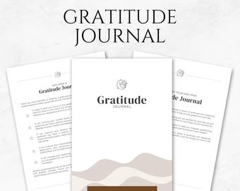 May include: A printable gratitude journal with a beige and white wavy design. The cover features the text "Gratitude Journal" in black text. The journal has 37 pages.
