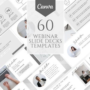 Puede incluir: Una colección de 60 plantillas de diapositivas de webinar grises y blancas con el texto "Canva" y "60 Plantillas de diapositivas de webinar" en un cuadro gris. Las plantillas presentan una variedad de diseños con cuadros de texto, imágenes e iconos.