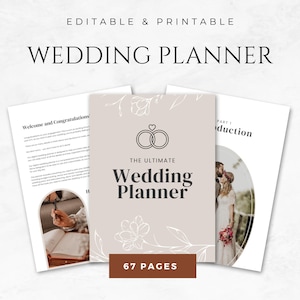 Puede incluir: Un planificador de bodas con una cubierta beige con un dise&ntilde;o floral y el texto "The Ultimate Wedding Planner" y "67 Pages".