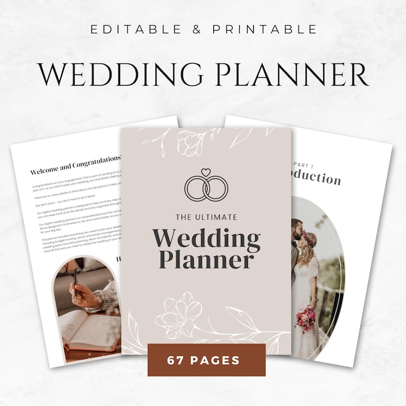 Puede incluir: Un planificador de bodas con una cubierta beige con un dise&ntilde;o floral y el texto "The Ultimate Wedding Planner" y "67 Pages".