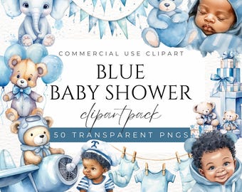 Clipart de baby shower azul, clipart de bebé niño, elementos gráficos para baby shower, decoraciones para baby shower, decoración de guardería, decoración de fiesta, baby shower DIY