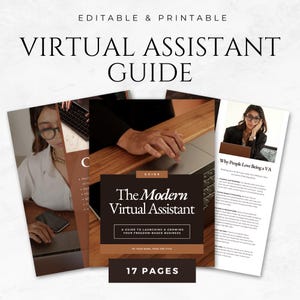 Może przedstawiać: Zestaw drukowanych przewodników zatytułowanych "Virtual Assistant Guide". Główny przewodnik, "The Modern Virtual Assistant", ma brązowo-czarny design. Przewodnik zawiera tekst "A GUIDE TO LAUNCHING & GROWING YOUR FREEDOM-BASED BUSINESS" i "17 PAGES."