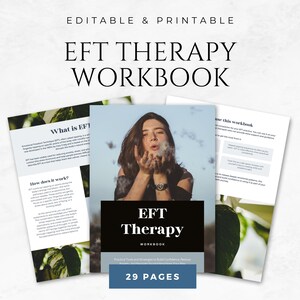 Op de afbeelding: Een afdrukbaar EFT Therapy Workbook met een vrouw die een rookwolk blaast. De omslag toont de titel "EFT Therapy Workbook" en de tekst "29 Pages". Het werkboek bevat informatie over EFT en hoe het werkt.